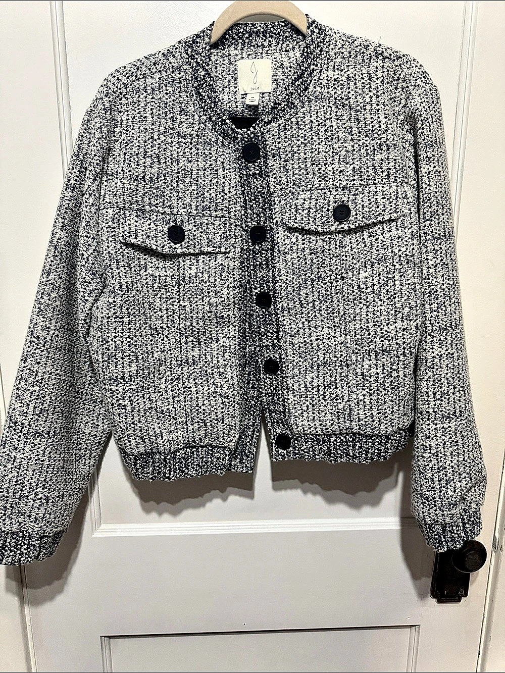 joie White and Blue Bomber Jacket with Tweed Texture Size Medium